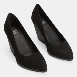 Eileen Fisher Hawk Black Suede Wedges Pump Almond Toe Chunky Classic